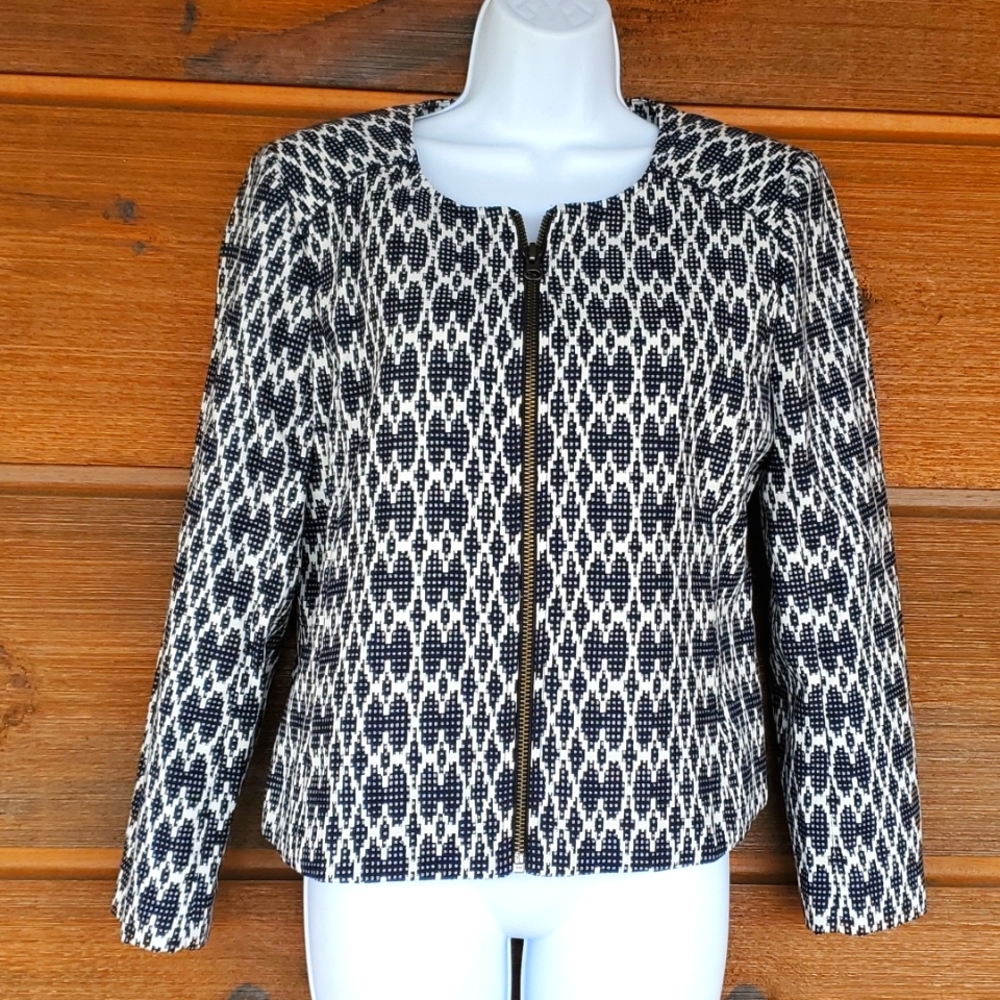 J Crew Blue & White Jacquard  Front Zip Jacket/Blazer Size M